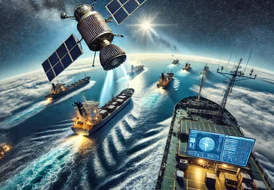 DALL·E 2024-10-22 15.01.01 - A high-tech satellite in low Earth orbit above a vast ocean, beaming signals to multiple moving ships below. The image shows rugged maritime equipment